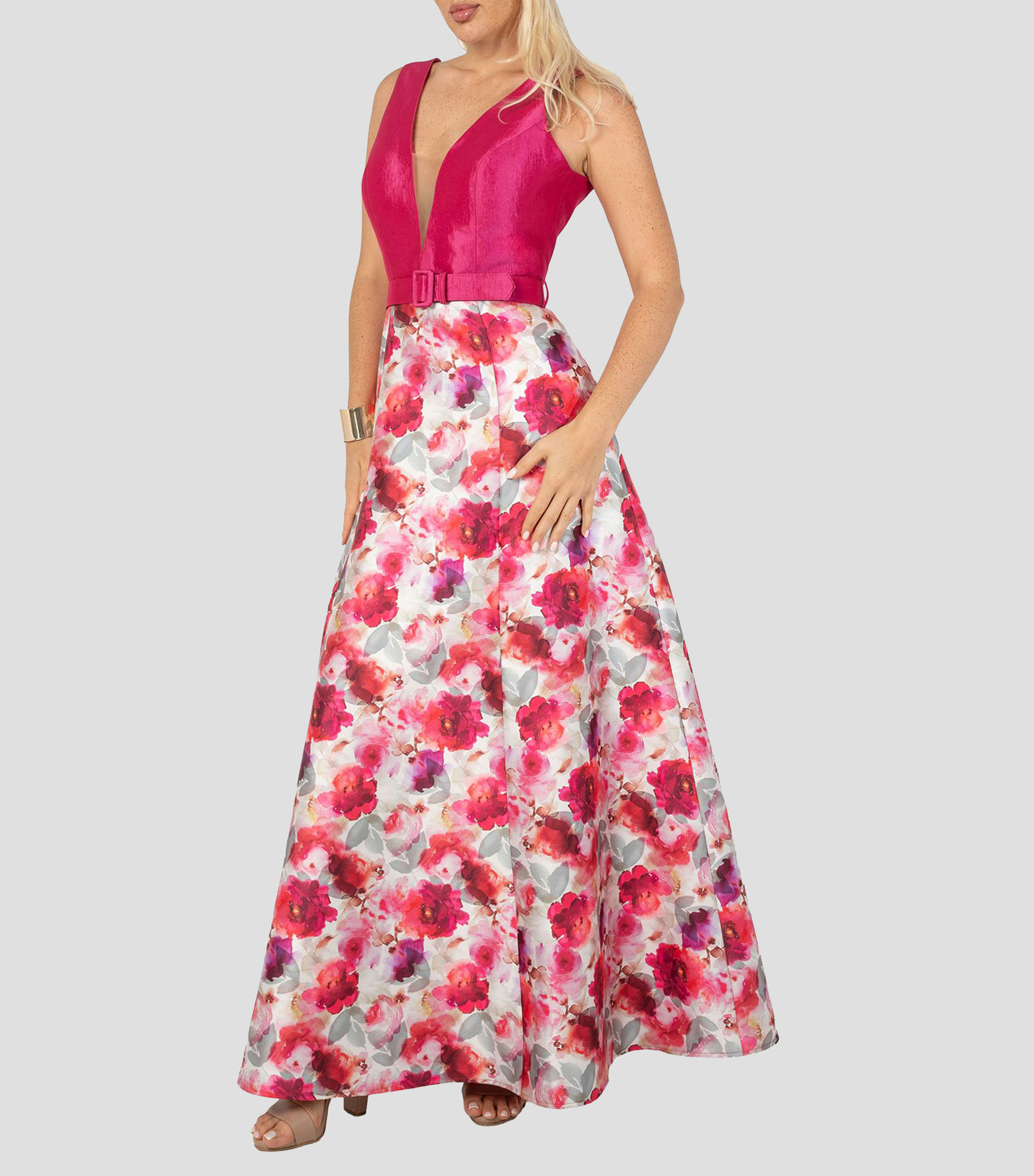 Vestido de fiesta largo estampado floral Mujer